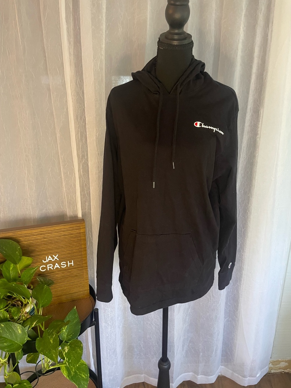 Champion Black Pullover Hoodie with Chest Script Logo